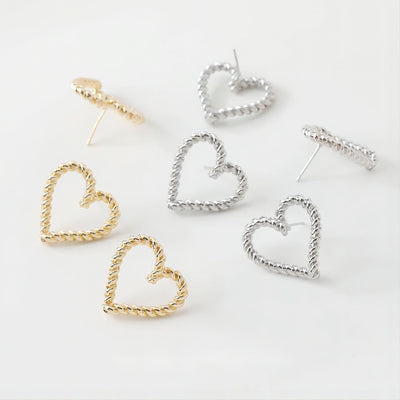 Gold Vintage Heart Earring Post, 24mm, S925 Silver Ear Pin Nickel Free Earrings, Ear Stud Loop, Hypoallergenic Earring Findings GE005