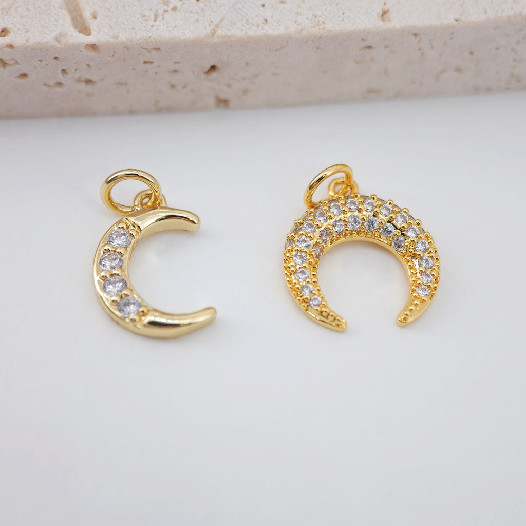 Cubic Crescent Moon Charm, 18K Gold Plated Moon Pendant, Clear Micro CZ Pave Horn Charms, Jewelry Findings S773