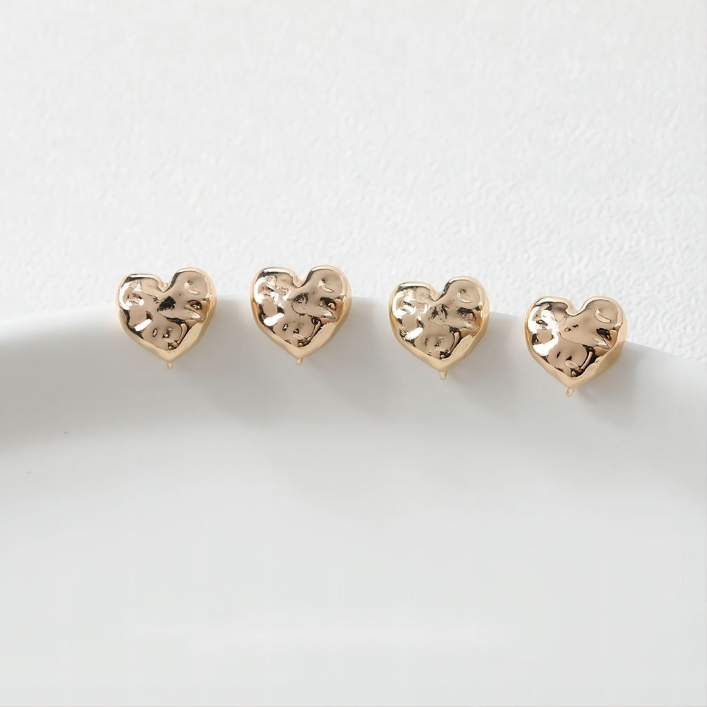 10pcs Gold Hammered Heart Earring Post, S925 Silver Pin Nickel Free Earrings, Heart Shape Ear Stud with Loop, Z098