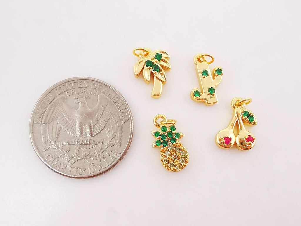 Tree Charms, Coconut, 18K Gold Plated Green Cubic Pave Charms, Fruit Plants Pendant, Necklace Charms S891