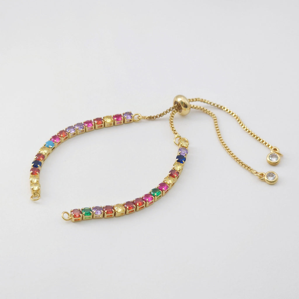 Cadena ajustable para hacer pulseras, cadena de tenis con pavé de circonitas arcoíris, chapada en oro de 18 quilates, cadena deslizante semiterminada con tope de goma S1233