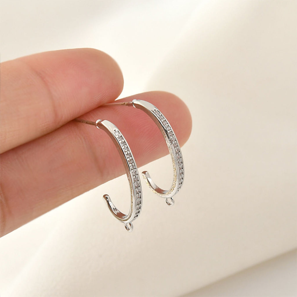 C Shape Earrings Post With Loop, 14K Gold/Silver Plated, S925 Silver Ear Pin Nickel Free Earrings, Pave Cubic Stone, Earring Findings YL002