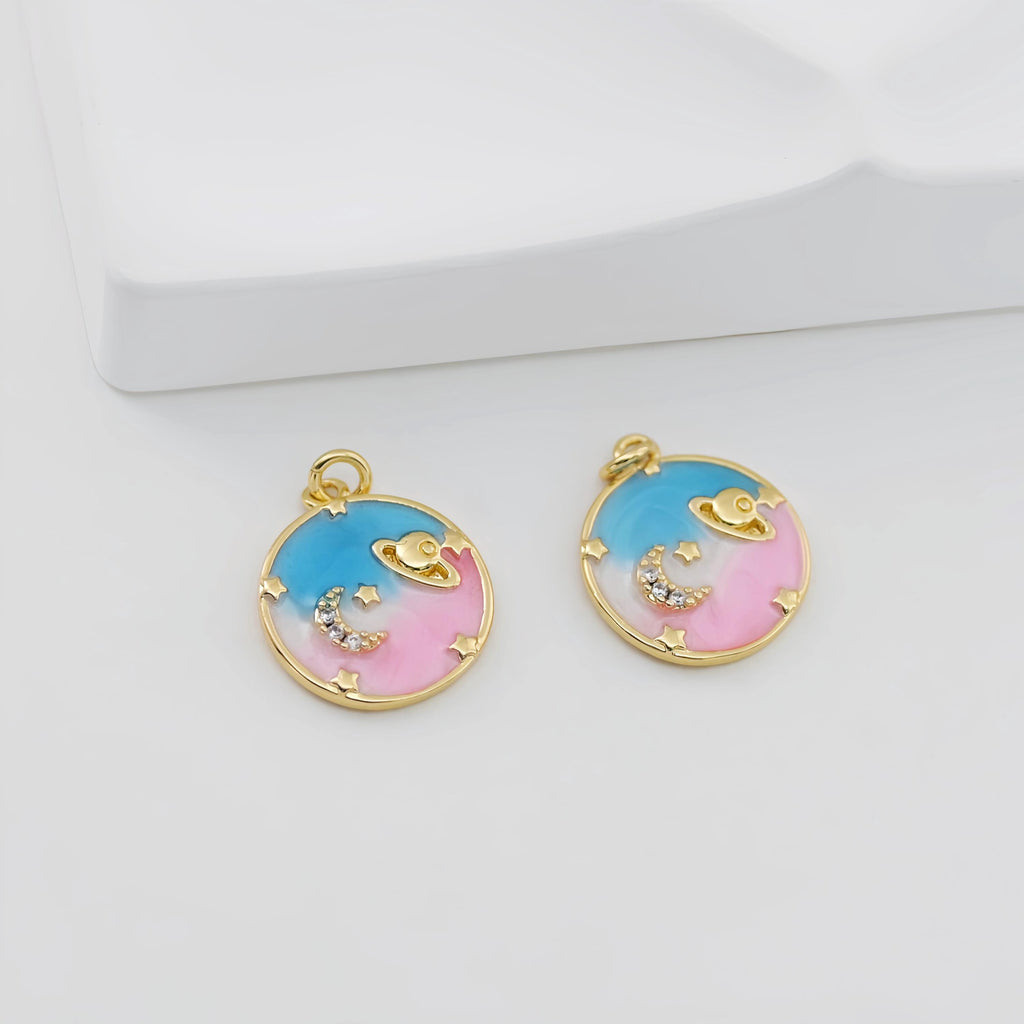 Enamel Cubic Moon & Star Charm, 18K Gold Plated Multicolor Pave Round Pendant, Necklace Making Charm, Jewelry Findings S20769