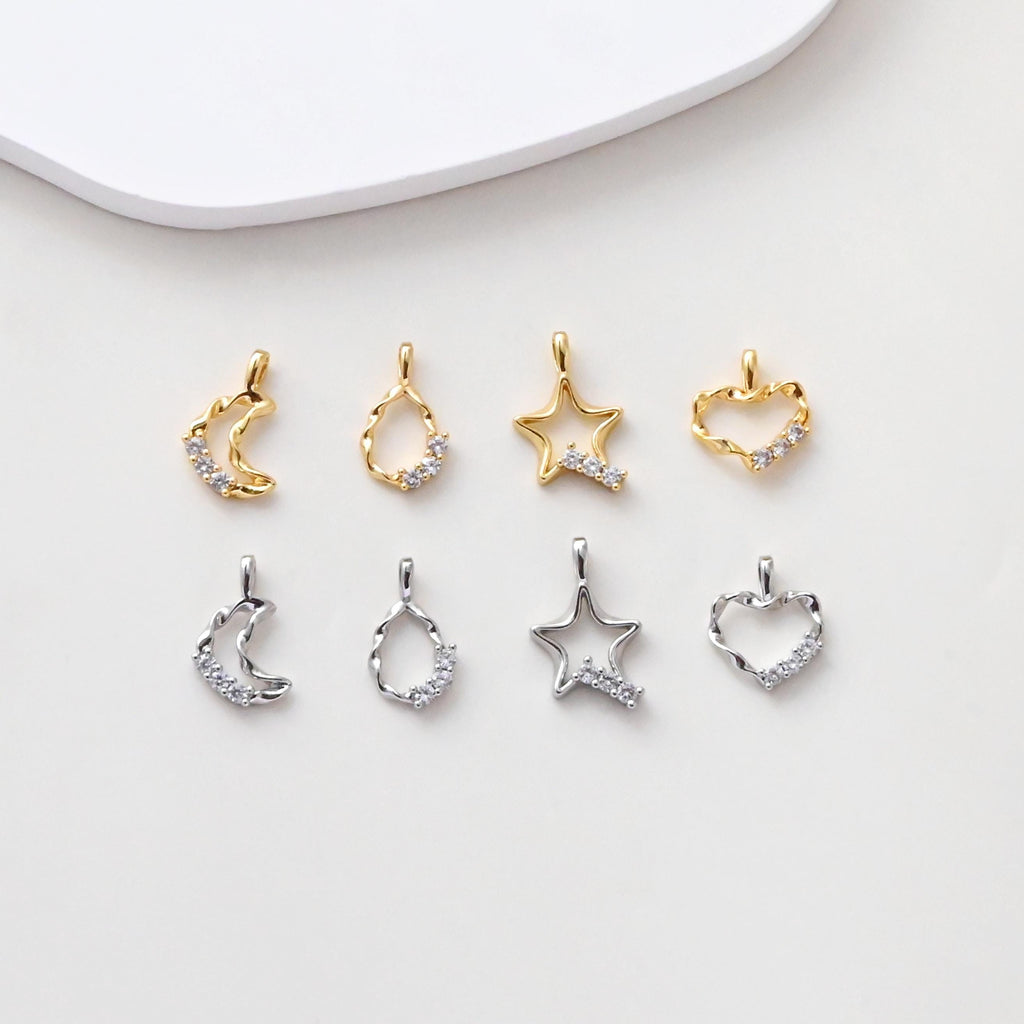Twisted Moon/Teardrop/Star/Heart Charms, 18K Gold Plated, CZ Hollow Pendant, Necklace And Bracelets Making Pendants, Jewelry Findings S1393