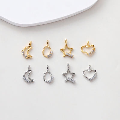 Twisted Moon/Teardrop/Star/Heart Charms, 18K Gold Plated, CZ Hollow Pendant, Necklace And Bracelets Making Pendants, Jewelry Findings S1393
