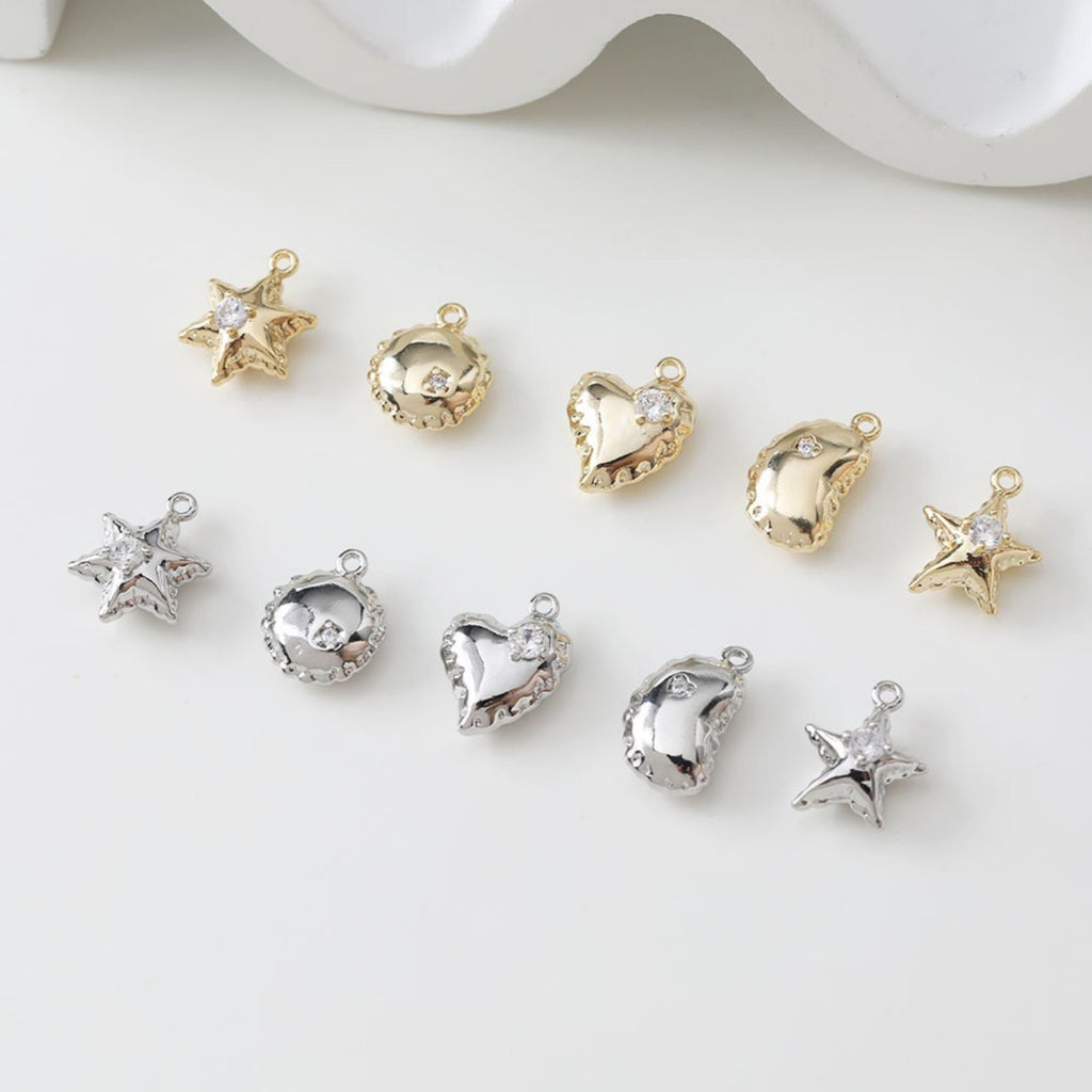 Balloon Style, Hexagram, Heart, Round, Pea, Star Charms, CZ Pave Pendant, 14K Gold Plated, Necklace Making Charms, Jewelry Findings ZZ043