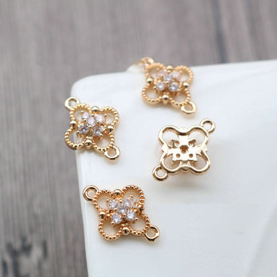 10pcs Flower Connector Charm, Cubic Zircon Crystal Flower Pendant, Real Gold Plated Brass Earring Charms, Jewelry Findings HL059-F146