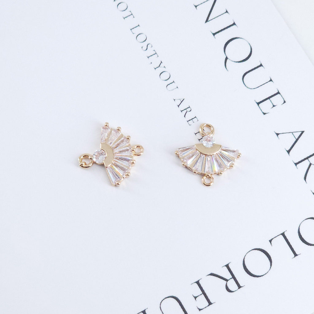 CZ Pave Fan Shape Charm, Cubic Zircon Crystal Fan Connector, CZ Earring Charms,Real Gold Plated Earring Charms, Jewelry Findings ZR003-F072