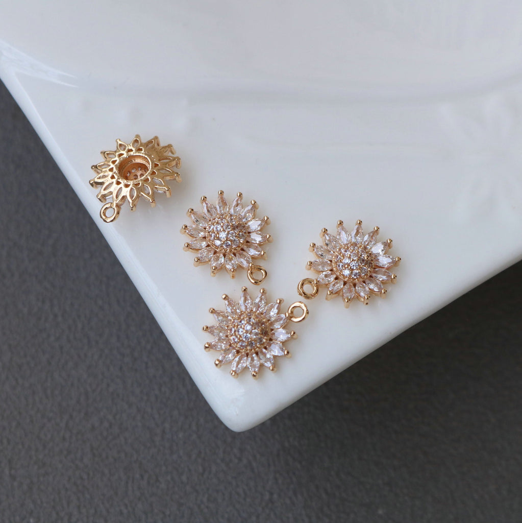 Sun Flower Charm, Cubic Zircon Crystal Flower Pendant, CZ Earring Charms,  Gold Plated Brass Earring Charms, Jewelry Findings HL013-F218