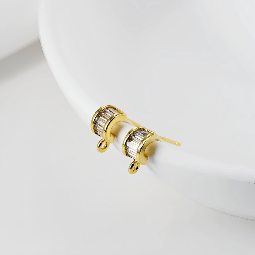 C Shape Ear Post, Nickel Free, CZ Pave, 9.7*4.3mm, S925 silver pin, 18K Gold Plated Stud Earring Finding D0446