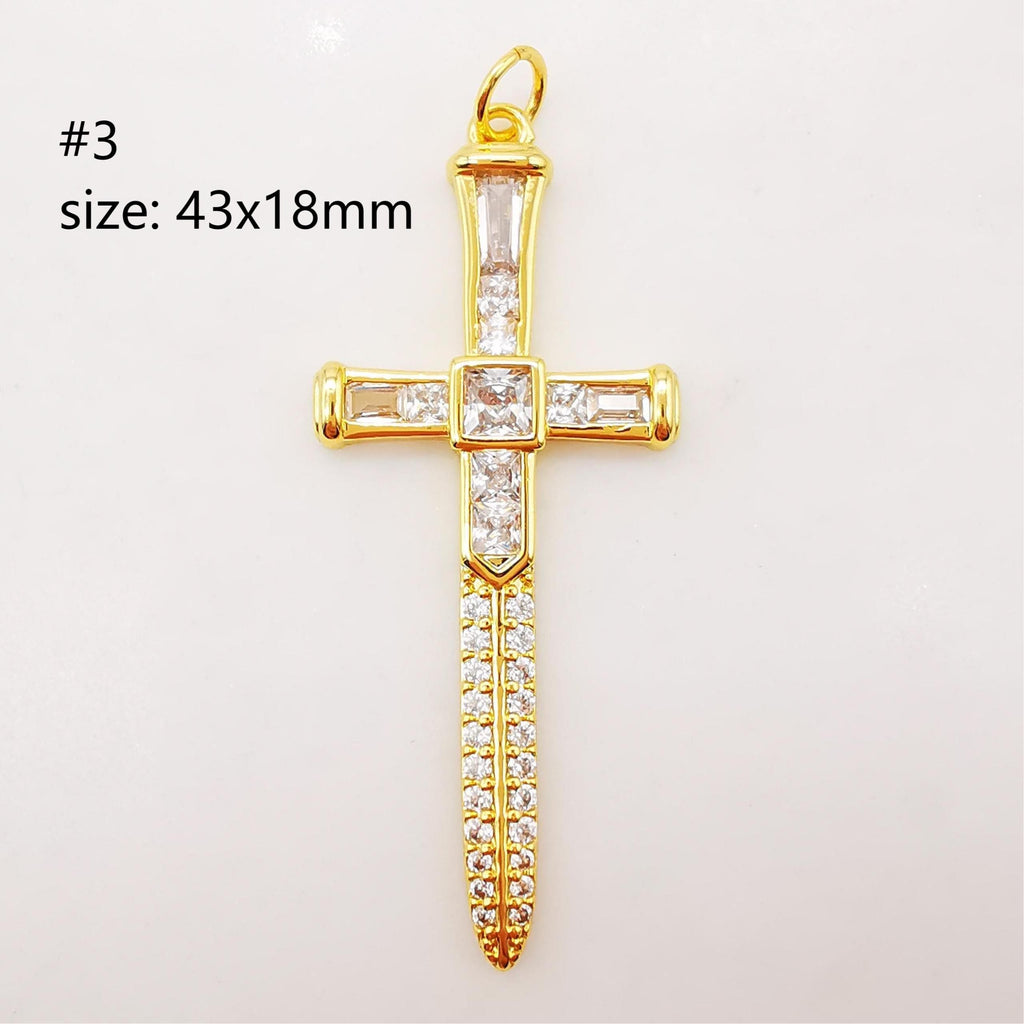 Dijes de cruz con pavé de circonita cúbica, colgante de espada, dije de cruz rosa, chapado en oro de 18 quilates, dijes para hacer collares, accesorios de joyería S890