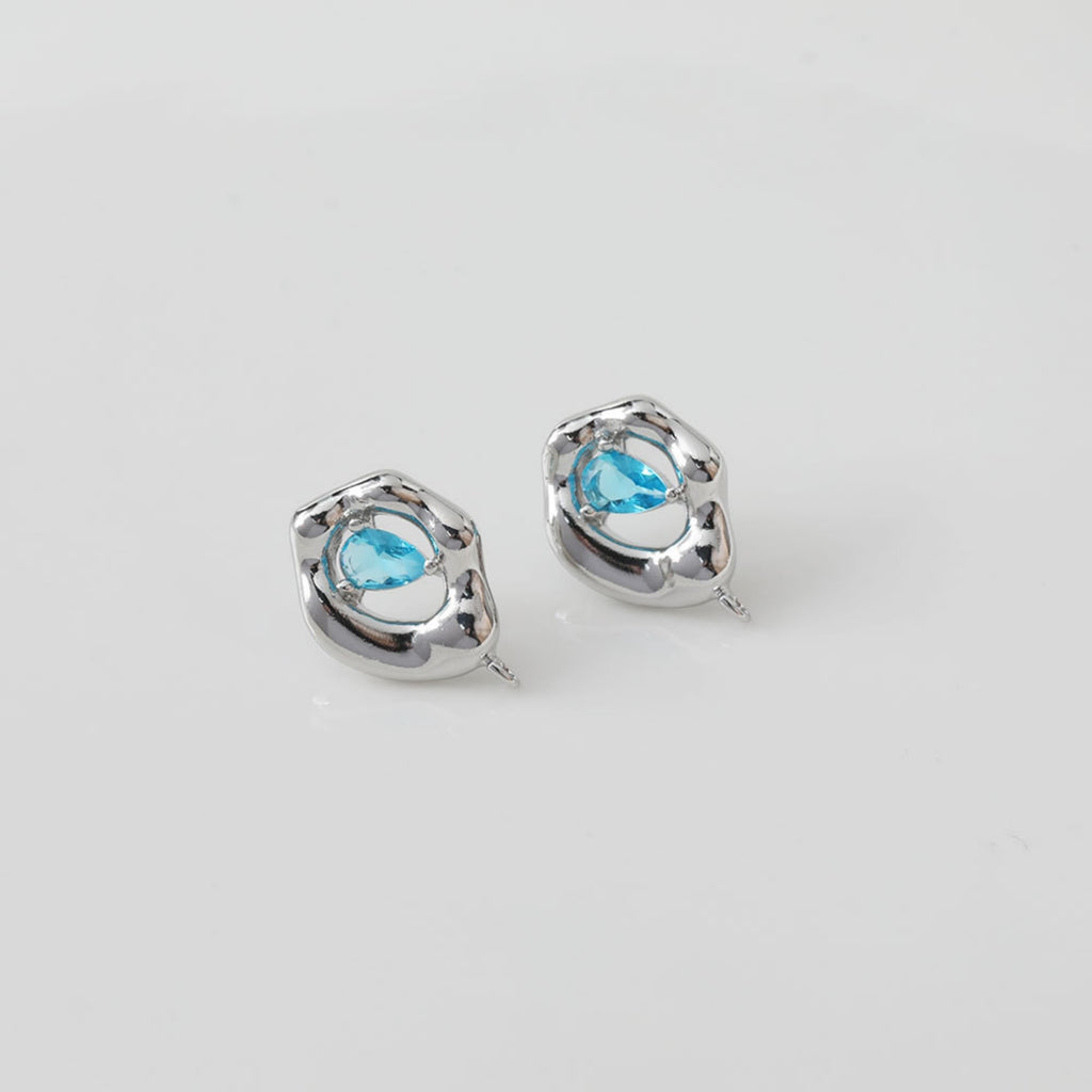 Irregular Zirconia Earring Post, 14K Gold/Silver, Blue CZ, S925 Silver Pin Nickel Free Earrings, Eye Shape Ear Stud with Loop BB032