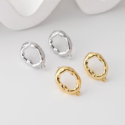 Hammered Irregular Earrings Post With Loop, 18K Gold Plated, Nickel Free, S925 Silver Pin, Openwork Hypoallergenic Earring Findings D0461