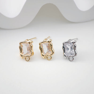 Irregular Zirconia Earring Post, 14K Gold/Silver, Nickel Free Earrings, Square-Shaped Ear Stud with Loop ZX186