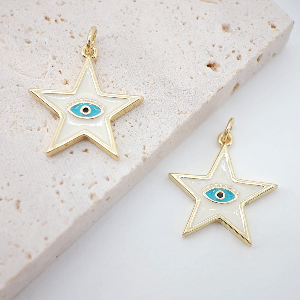 Enamel Star Charm, 18K Gold Plated Evil Eye Pendant, 20x22mm, Necklace Bracelet Making Pendant, S993