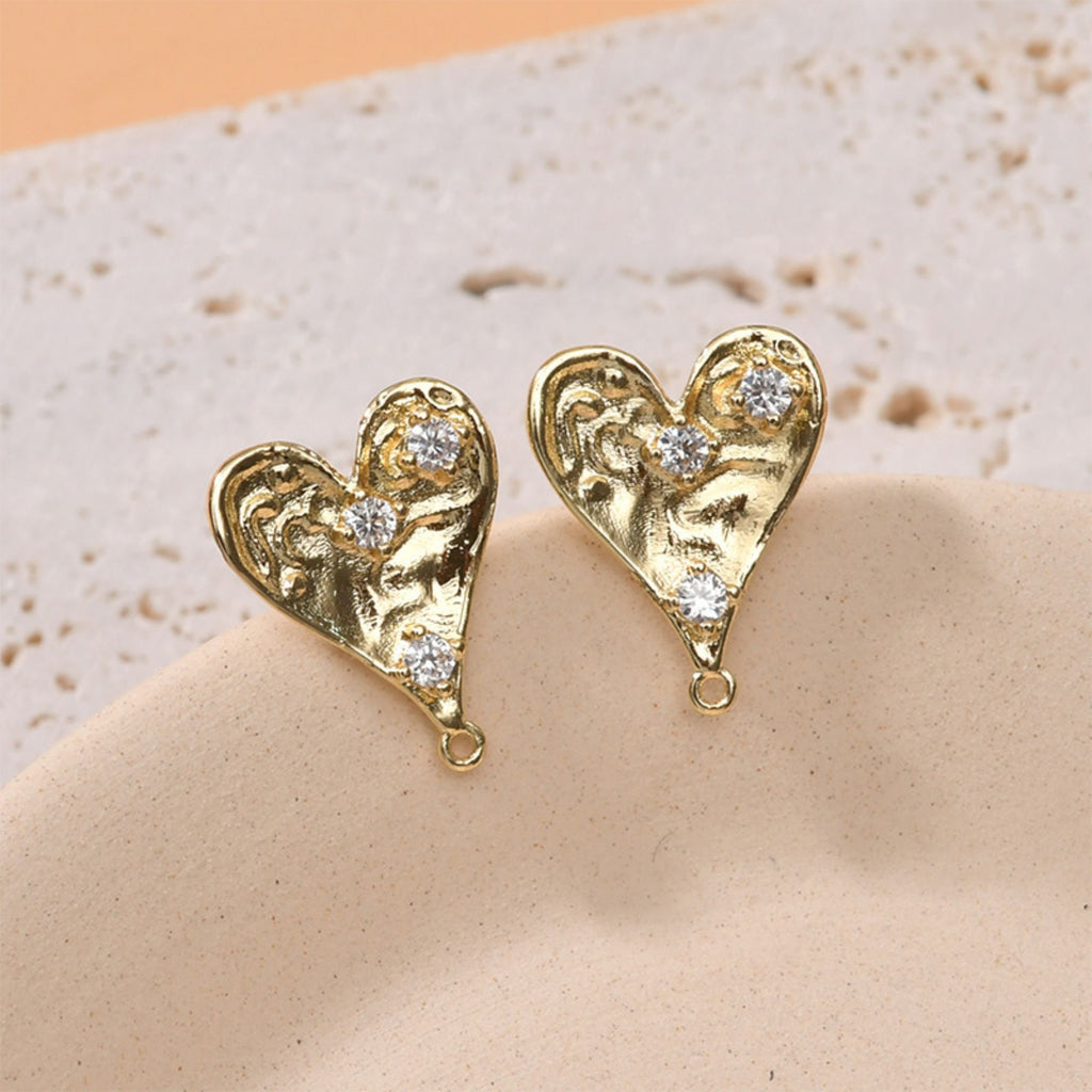 Gold Polished love heart CZ Earring Post,  14K Gold Nickel Free Earrings, S925 Silver Ear Pins, 19mm, Heart Shape Ear Stud with Loop LL239