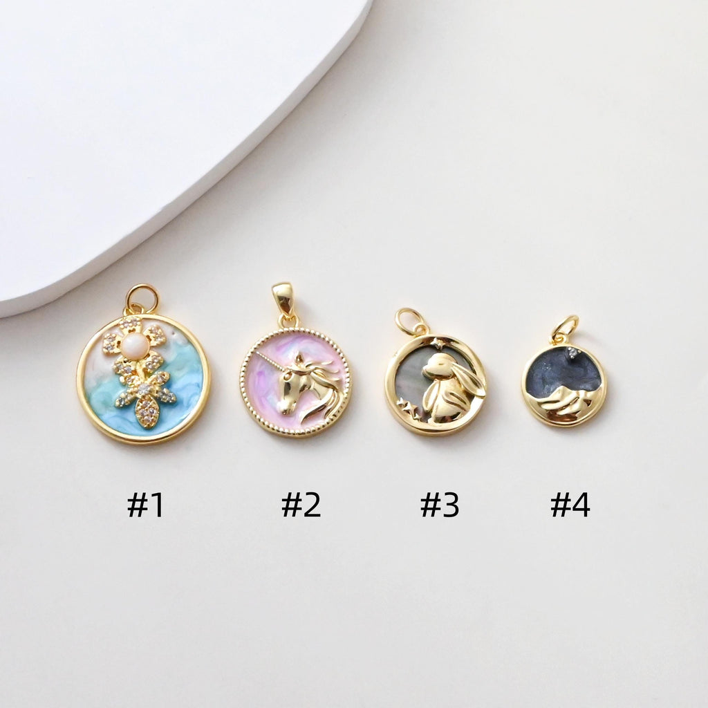 Enamel Round Charms Collections, Unicorn, Flower Pendant, Rabbit Pendant, 18K Gold Plated, Necklace Making Charms, Jewelry Findings S1383