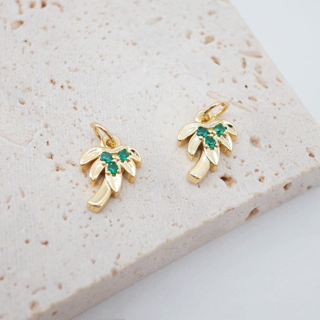 Tree Charms, Coconut, 18K Gold Plated Green Cubic Pave Charms, Fruit Plants Pendant, Necklace Charms S891