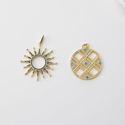 Sun Pendant, CZ Pave, Boho Round Pendant, Openwork Charm, 18K Gold Plated CZ Pave, Necklace Making Charm, Jewelry Findings