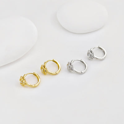 Rose Ear Hoops Pave CZ, Round Hoops, 17.5mm, 18K Gold Plated Leverback Earrings, Huggie Hoops Earring D0550