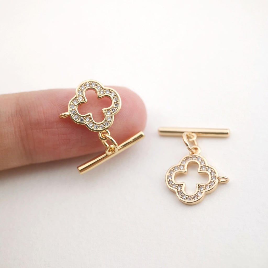 Four Leaf Clover/Circle/Heart OT Toggle Clasps, 18K Gold Plated OT Buckle, CZ Pave, Necklace Closure, Connectors Clasps, ZX051