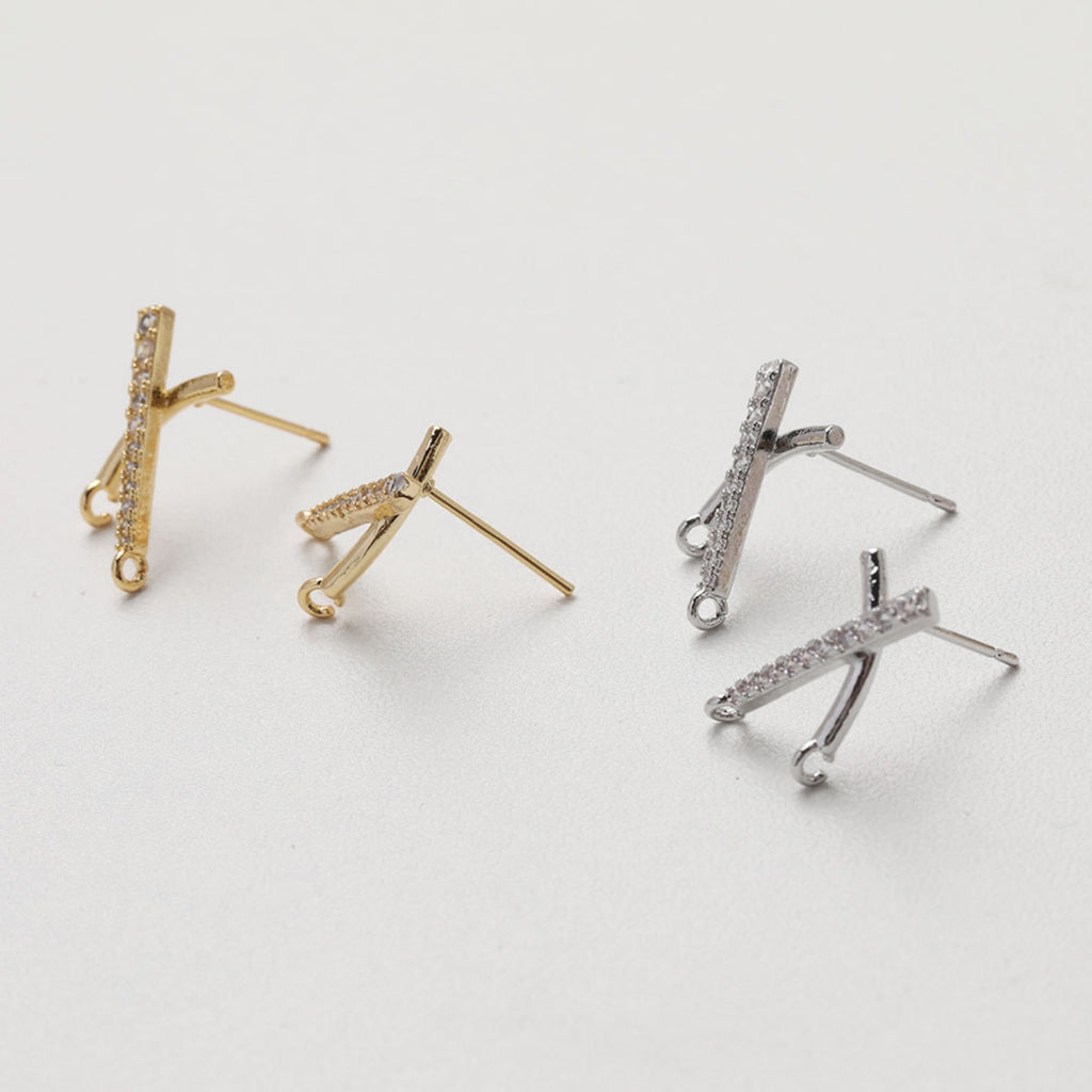 Cubic Crossover Post with Loop, S925 Silver Ear Pin Nickel Free Earring, Gold/Silver Cross Ear Stud, Hypoallergenic Earring Finding GT023