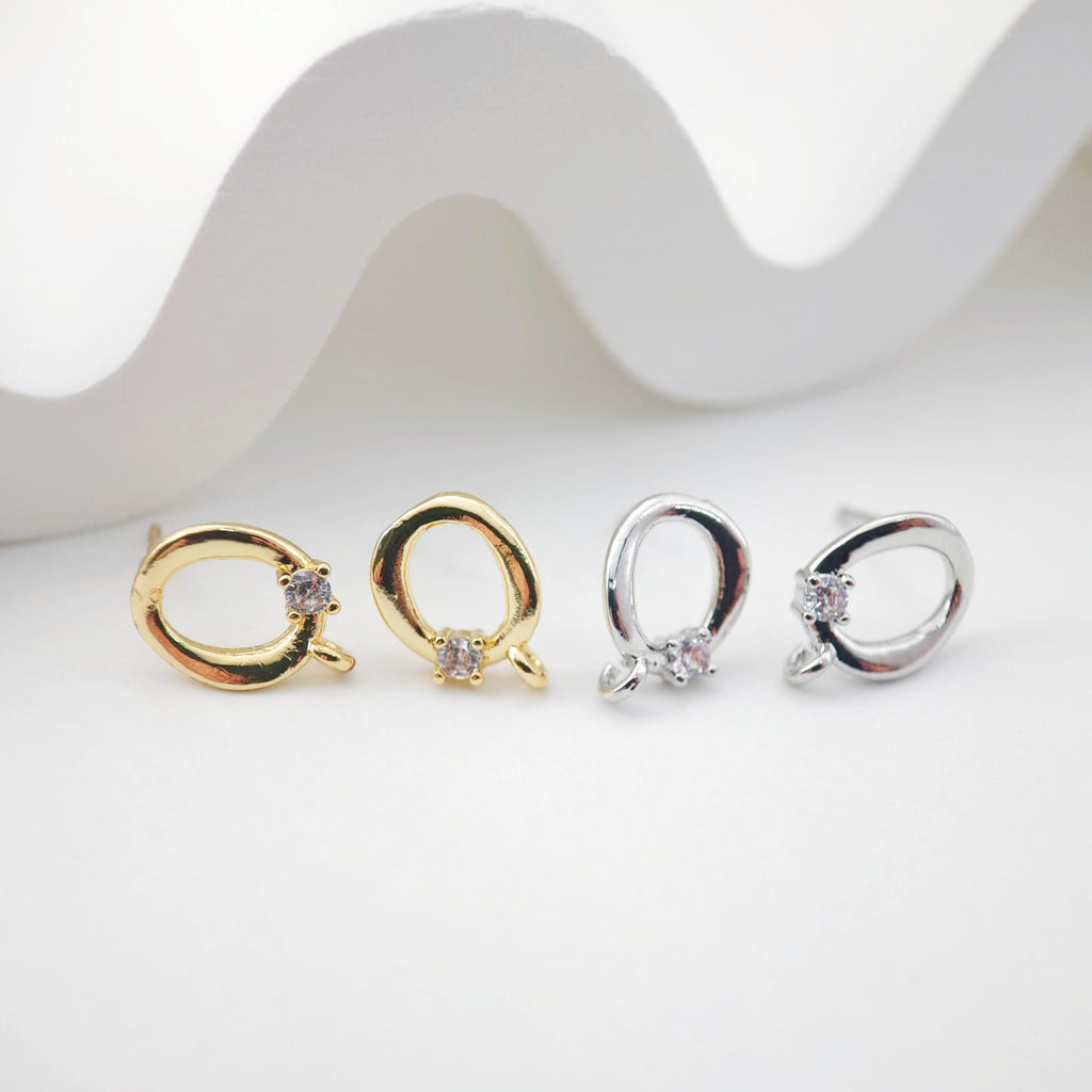 2pcs 18K Gold Hammered Circle Post With Loop, S925 Silver Pin, Oval Stud Earring Nickel Free, Hypoallergenic Earring Findings D0233