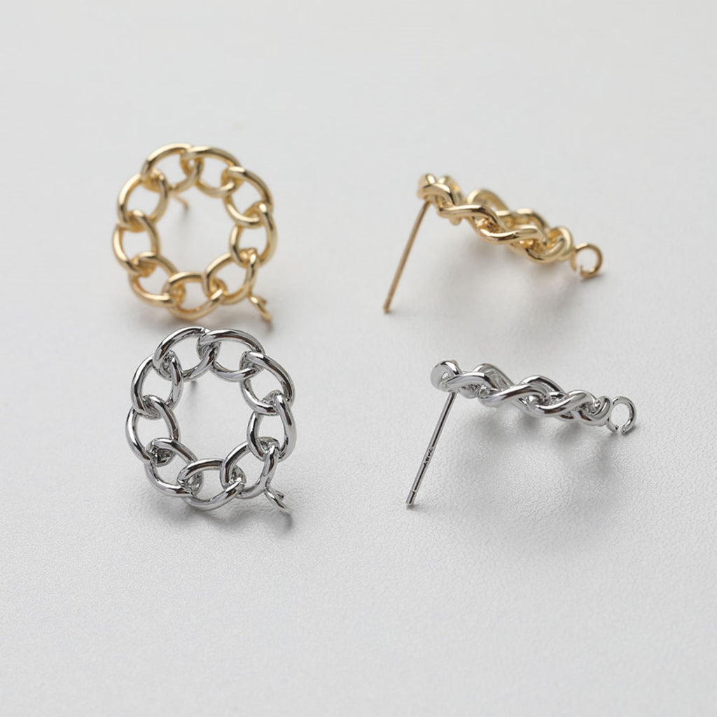 Round Chain Post With Loop, 14k Gold/Silver Chain Round Stud Earring Nickel Free, S925 Ear Pin Hypoallergenic Earring Findings GE113