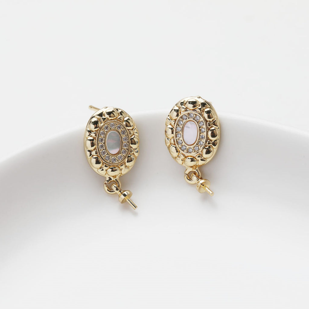 Oval Shape Post Earring, S925 Silver Ear Pin Nickel Free, Pave CZ, MOP, Ear Stud with Peg Bail Caps for Half Drilled Earring Findings GZ503