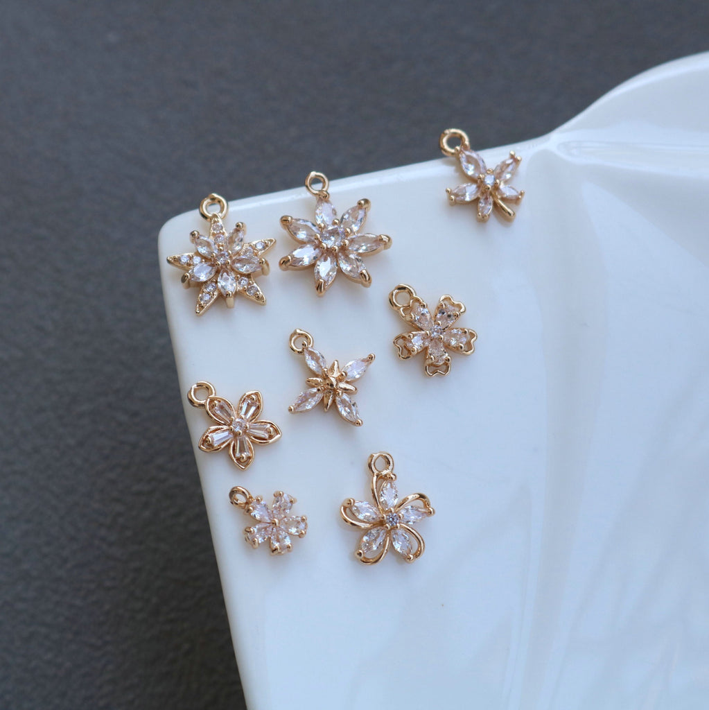 CZ Flower Charm, Cubic Zircon Crystal Flower Pendant, CZ Earring Charms,  Real Gold Plated Brass Earring Charms, Jewelry Findings HL020-F163