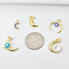 Load image into Gallery viewer, Cubic Crescent Moon Charm, 18K Gold Plated Moon Pendant, Micro CZ Pave OX Horn Charms, Jewelry Findings S20698