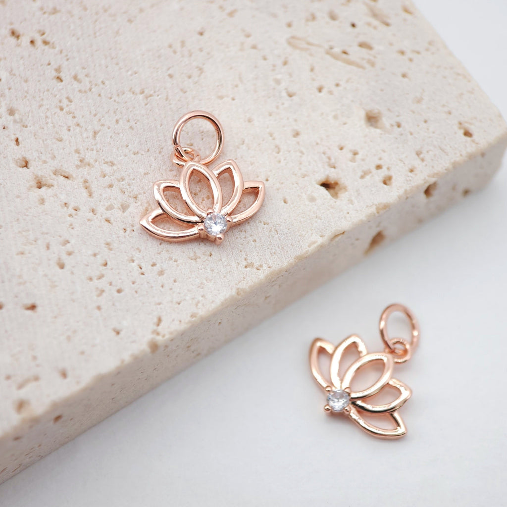 2PCS Lotus Flower Charms, 18K Gold Plated Cubic Pave Charms, Plant Pendant, Necklace Earring Making Charms, 11x13mm, Jewelry Findings S744