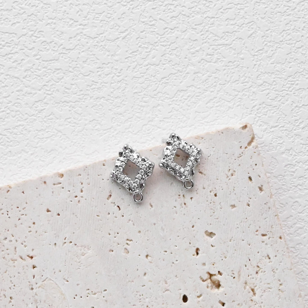 Diamond shaped Post with Loop, Pave CZ, 18K Gold, S925 Silver Pin Nickel Free Earrings, Hypoallergenic Earring Findings D0423