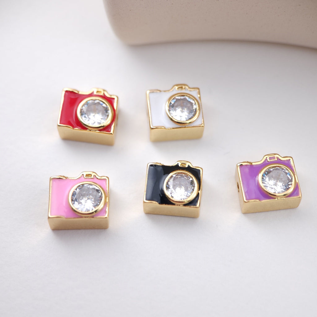 Enamel Camera Beads, Square Spacer Beads, Large Hole Gold Plated Beads, 18K Gold Plated,  Bracelet Necklace Making Jewelry Finding S1166