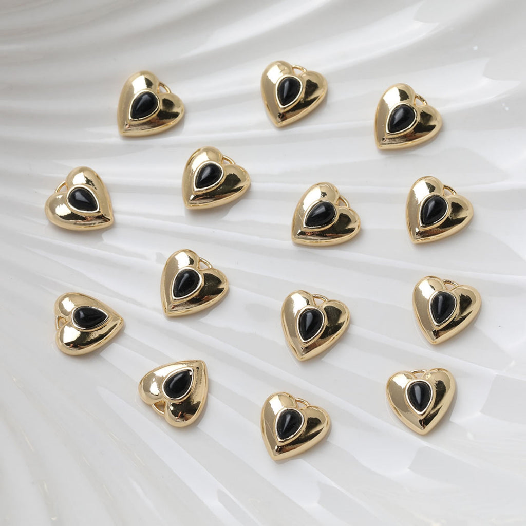 Heart Charms, Pave Black Stone, 14K Gold Plated, Love Pendant, Necklace Making Pendants, Jewelry Findings GT031