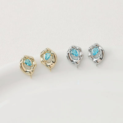 Irregular Zirconia Earring Post, 14K Gold/Silver, Blue CZ, S925 Silver Pin Nickel Free Earrings, Eye Shape Ear Stud with Loop BB032