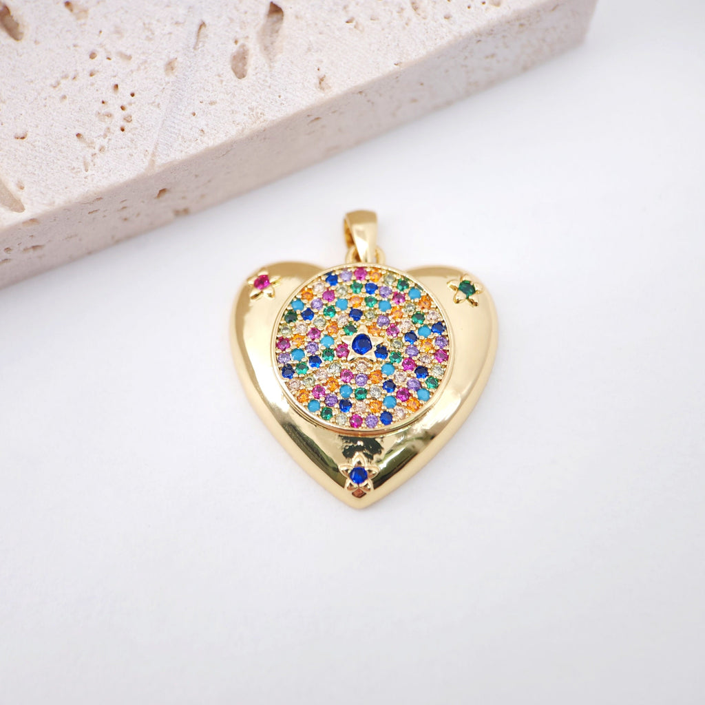 Heart Pendant, Rainbow Cubic Pave Charm, Cross Charm, 18K Gold Plated, Love Pendant, Necklace Making Pendants, Jewelry Findings S20399