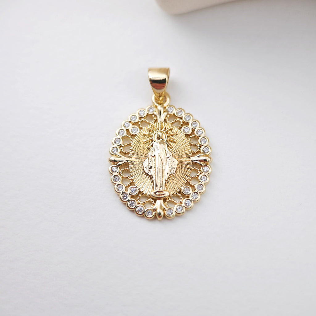 Cubic Saint Maria Charm, Religious Pendant, 18K Gold Plated Micro CZ Pave Our Lady Pendant, Vintage Necklace Making Charm S1169