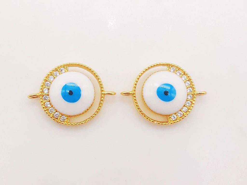 Cubic Evil Eye Connector Charm, 18K Gold Plated Micro CZ Pave Connector, 12mm, Bracelet Making, Jewelry Findings S125