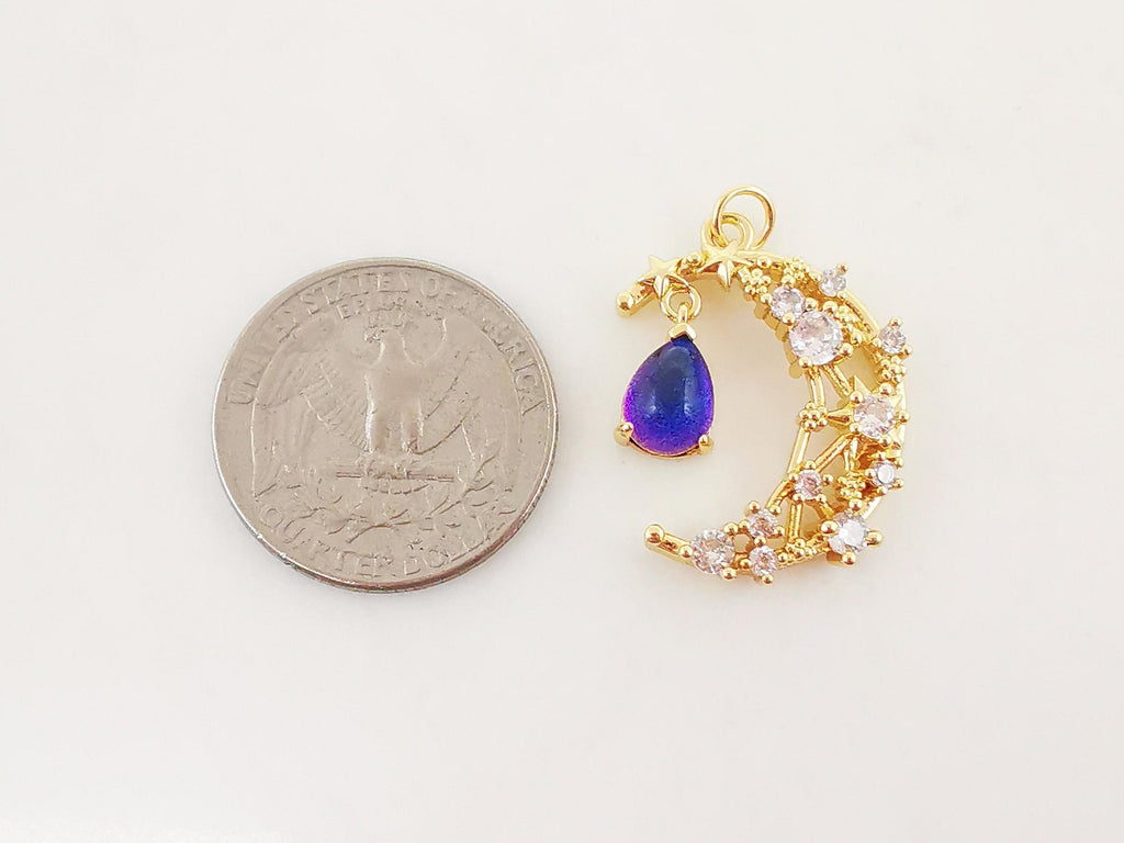 Dainty Crescent Moon Charm, CZ Pave Moon Pendant, Drop Crystal Multi Color, 18K Gold Plated, Necklace Pendant Findings S20276