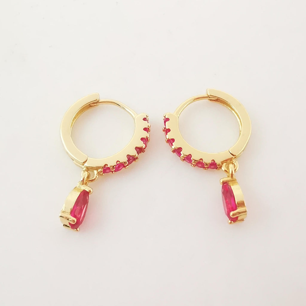 Cubic Ear Hoops Multicolor Pave Crystal, With Tear Drop Crystal, 23mm, 18K Gold Plated Leverback Earrings, Huggie Hoops Earring S20266