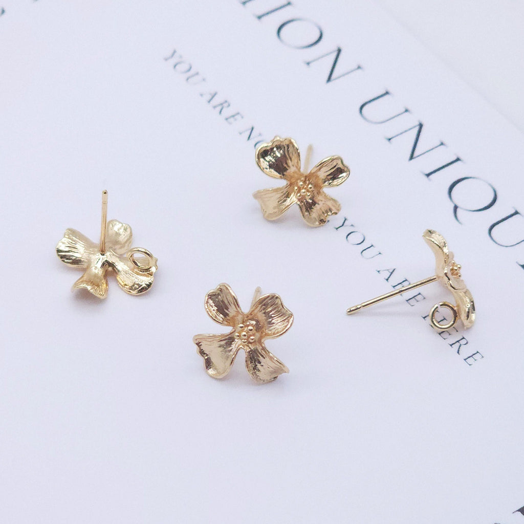 4PCS Flower Earring Post, 18K Real Gold Plated Brass Stud Earring With Loop, S925 Silver Ear Stick, Nickel Free, Earring Finding ZX043