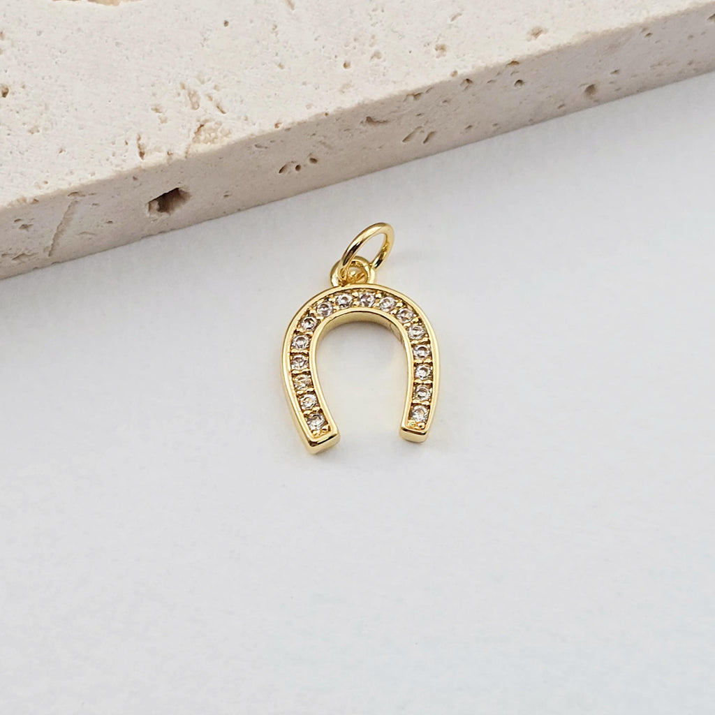 Gold Horseshoe Charm, 18K Gold CZ Pave Pendant, 18K Gold Plated, Rainbow CZ, Jewelry Findings S1281
