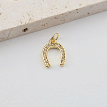 Load image into Gallery viewer, Gold Horseshoe Charm, 18K Gold CZ Pave Pendant, 18K Gold Plated, Rainbow CZ, Jewelry Findings S1281