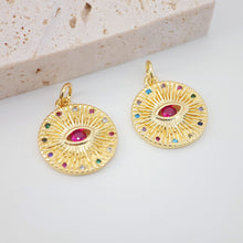 Load image into Gallery viewer, Red Cubic Evil Eye Charm, 18K Gold Plated Micro CZ Pave Round Pendant, 16mm, Necklace Making Charm, Jewelry Findings S893