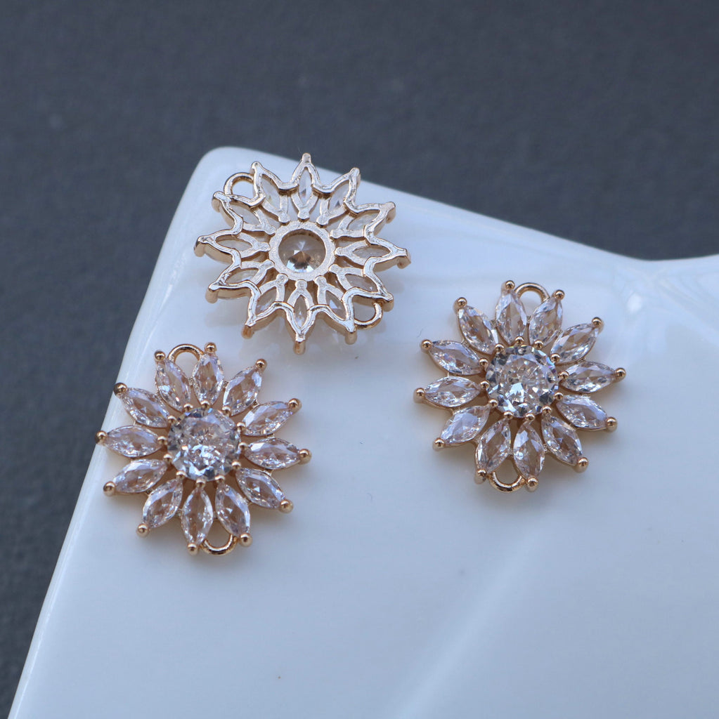 Sun Flower Charm, Cubic Zircon Crystal Flower Pendant, CZ Earring Charms,  Gold Plated Brass Earring Charms, Jewelry Findings HL013-F218
