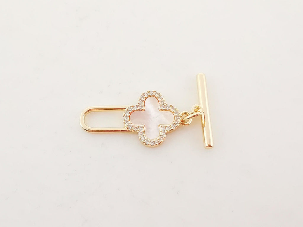 Four Leaf Clover OT Toggle Clasps, 18K Gold Plated OT Buckle, CZ Pave Mother of Pearl, Necklace Closure, Connectors Clasps, ZX050