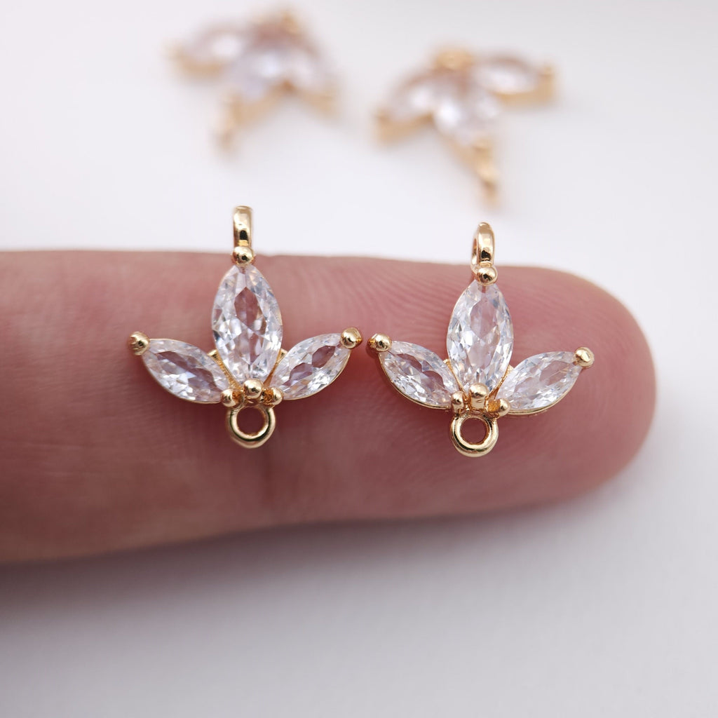 Tiny Leaf Connector, Cubic Zircon Crystal Leaf Pendant, CZ Earring Charms,  Gold Plated Brass Earring Charms, Jewelry Findings ZR010-F169