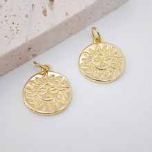 Load image into Gallery viewer, Sun Charm, Sunny Face Round Pendant, 18K Gold Plated, 16.7mm, Necklace Making Charm, Jewelry Findings S20653