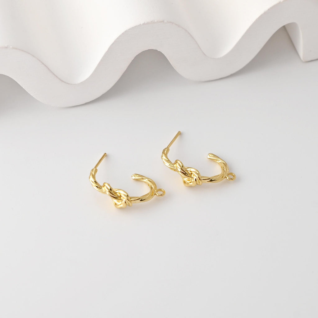 Pleated C Shape Knot Earrings Post With Loop, 18K Gold Plated, Nickel Free, S925 Silver Pin, Ear Stud Hypoallergenic Earring Findings D0431